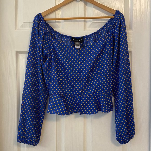 Blue Polka Dot Sweetheart Neck Peplum Long Sleeve Top - Size Large - Picture 2 of 10